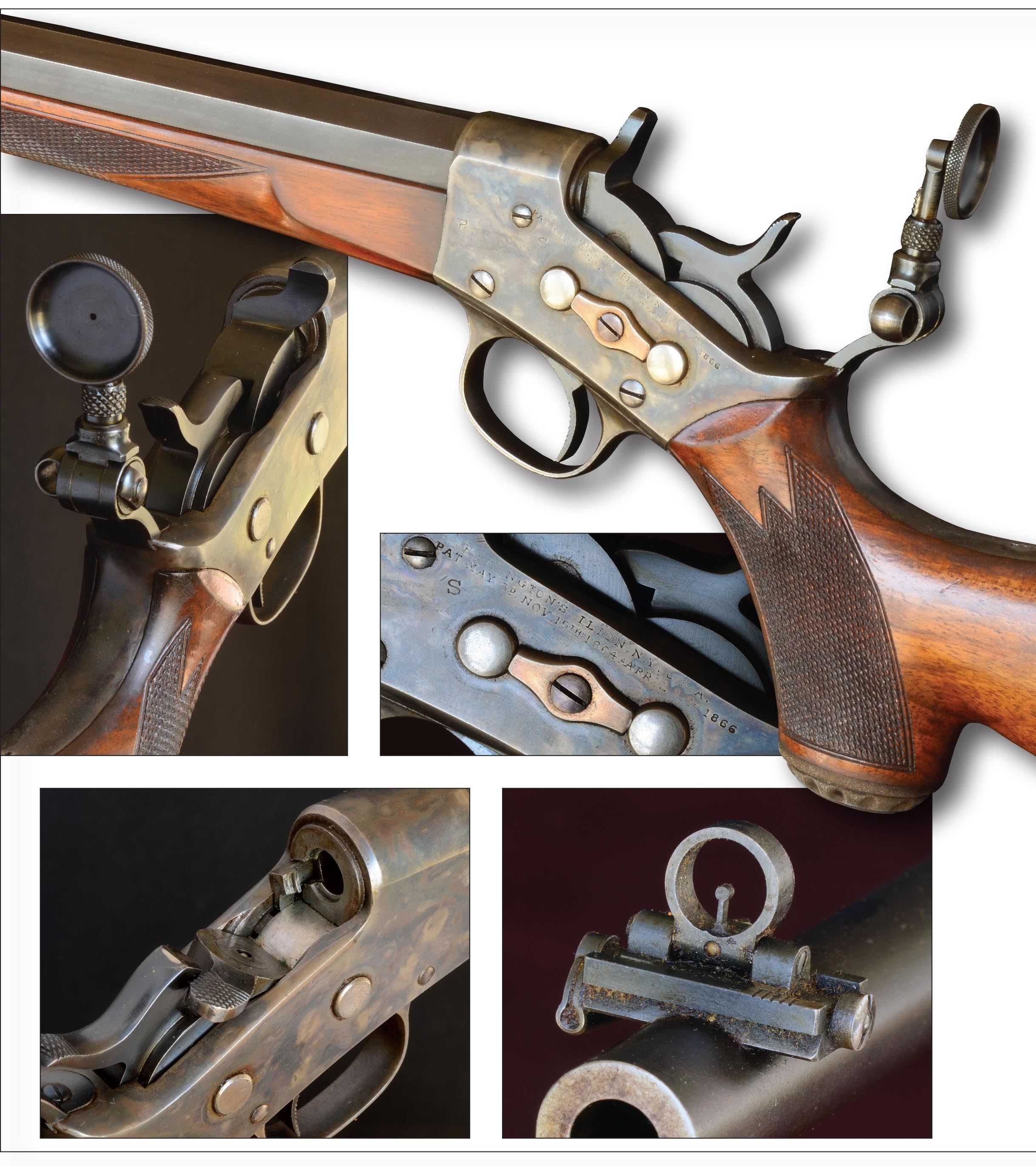After the U.S. Army abandoned the Remington Rolling Block pistol with its miniature action, Remington bought back 300 of them and used the actions as the basis for some special-order rifles. As can be seen, Remington did an extraordinary job on them. This one is a .32-20.